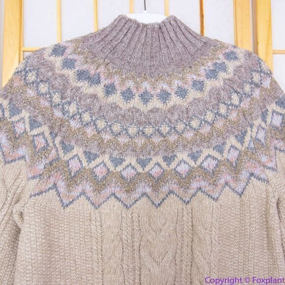 NEW Chico's Cable Yarn Wool Blend Fair Isle Tan Sweater, L - Picture 4 of 16